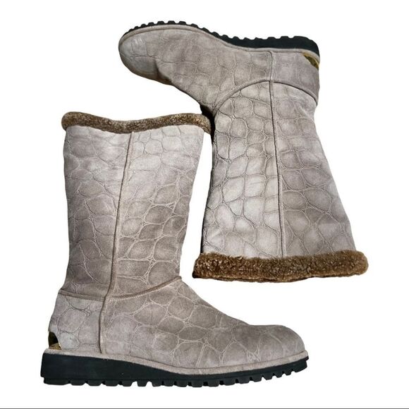 Stuart Weitzman Gray Tan Croc Embossed Winter Snow Boots Size 7 Medium - Picture 5 of 9